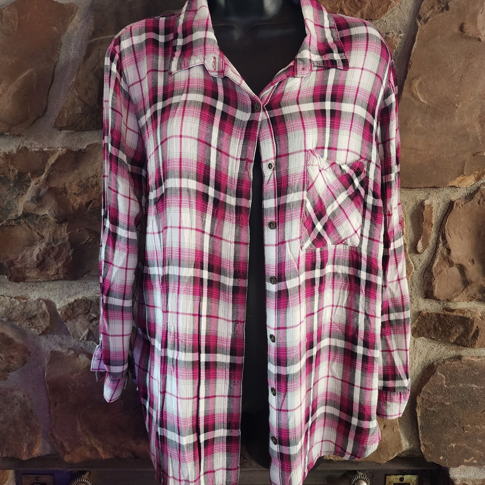 Faded Glory Pink White and Black Plaid Button-Down Shirt